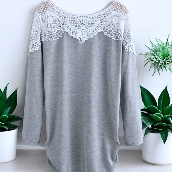 Heather Gray Plain Lace Long Sleeve Crew Neck T-Shirt - Picture 13 of 16